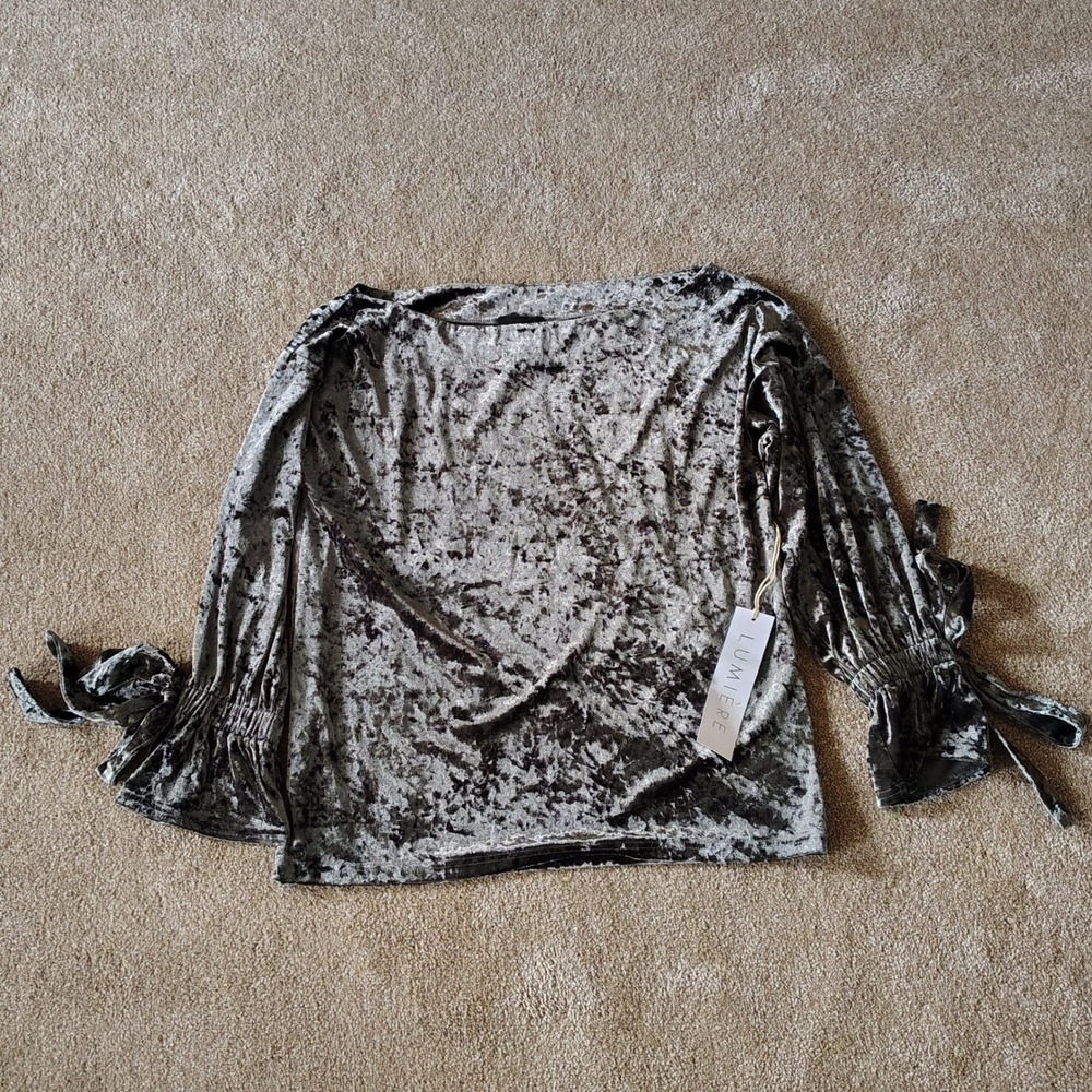 Lumiere Black Crush Velvet Top Womens Small Ruffle Boat Neck Whimsygoth Witchy